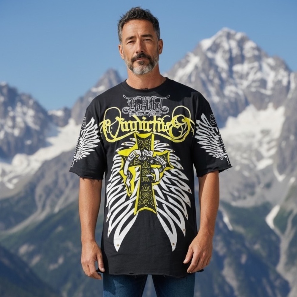 Blac Label Premium Men Graphic T-Shirt MMA Black Studded Wings Cross M Cyber Y2K